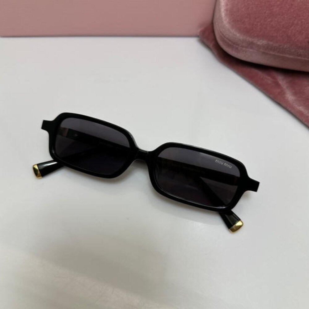 MIU MIU Sunglasses New Black Square Rectangle Acetate Gold Metal Logo Authentic